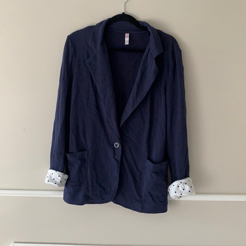 Polka Dot Trim Navy Knit Blazer
